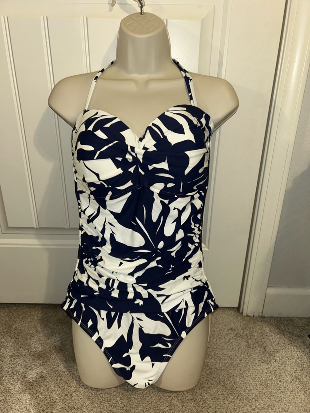 NWT Anne Cole Navy & White Halter One-Piece Swimsuit Sz 14